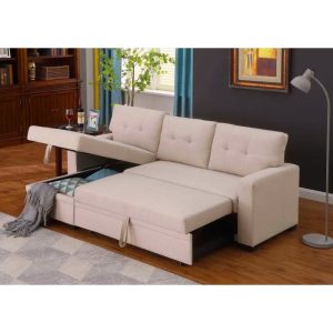 SOFA CON CHAISELONGUE MOVIBLE DE LADO COLORES: GRIS Y BEIGE ( CONVERTIBLE EN CAMA )